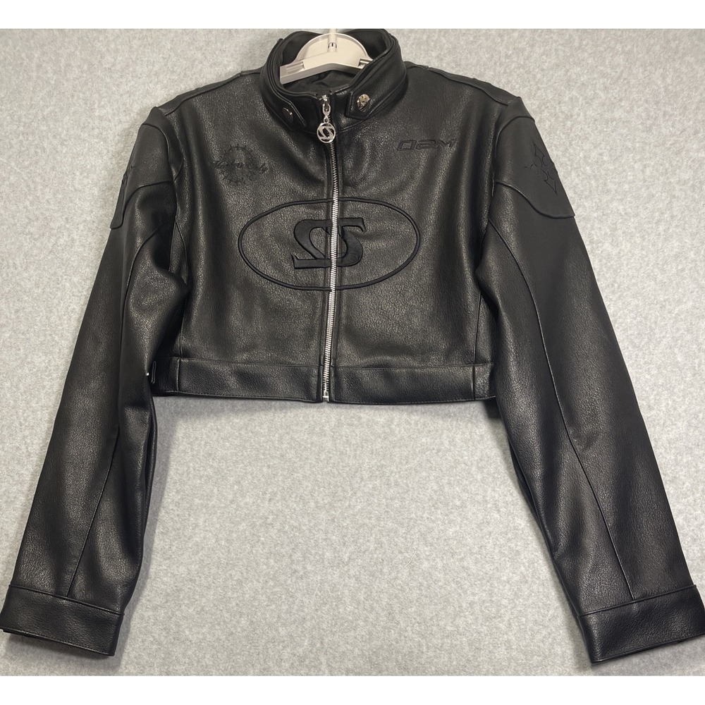Members Only One 2 Many Cropped Racer Jacket Triple Black Embossed Sz XS/S Rare